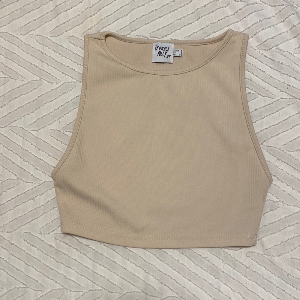 Princess Polly tan cropped tank top, worn once, ribbed, beige